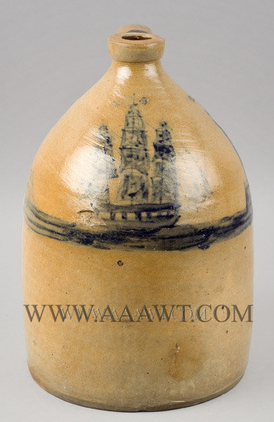 Stoneware, Jug, Cobalt Ship and Lighthouse Decoration, Rare
New England, anonymous
Circa 1845 to 1855, entire view
